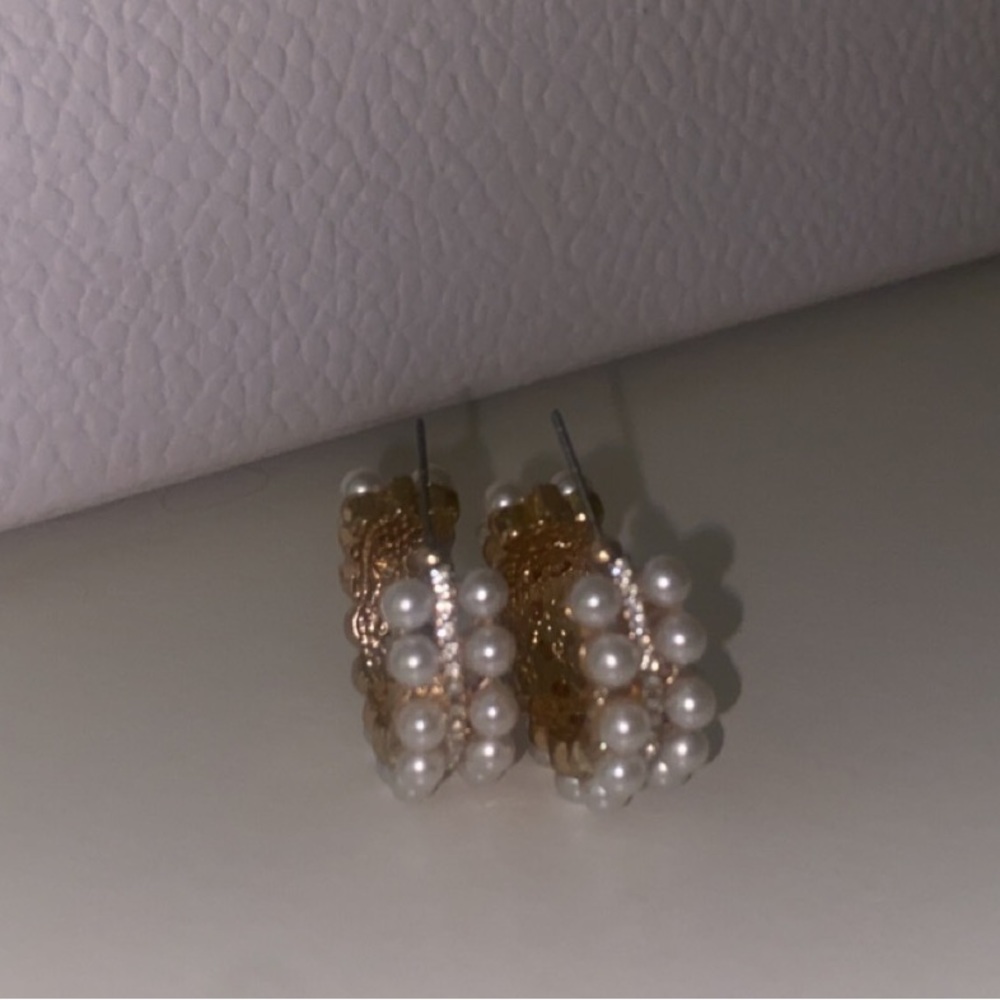Gold Diamanté Pearl Hoop Earrings